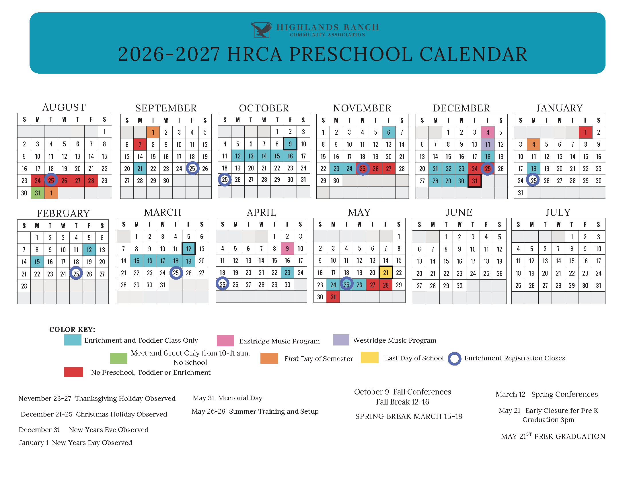 2026-27 Preschool Calendar